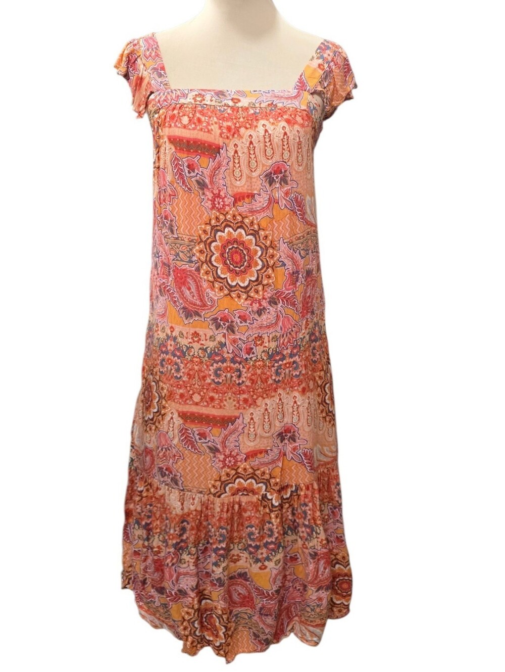 Knox Rose Boho Paisley Floral Maxi Dress Small Orange Square Neck Size S